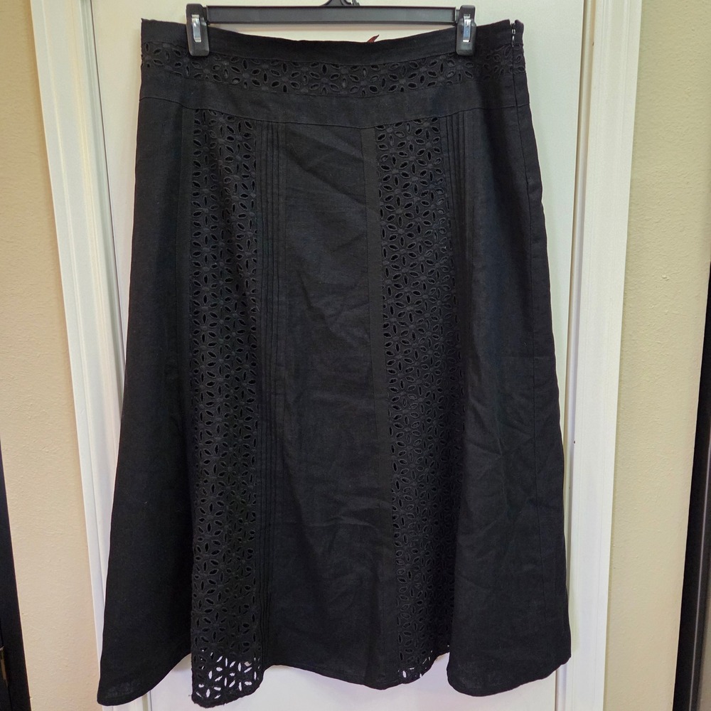 Sara Isabella Black Linen Eyelet Midi Skirt Pintuck A-Line XL